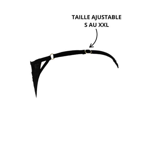 Tanga noir en dentelle avec bijou losanges dorés 